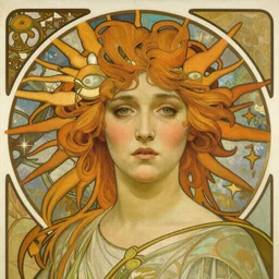 detailed portrait art nouveau painting of Rowan Blanchard as the goddess of the sun, with anxious, piercing eyes, by Alphonse Mucha, Michael Whelan, William Adolphe Bouguereau, John Williams Waterhouse, and Donato Giancola