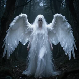 ultrarealistic horrific, beautiful banshee with brightly shining wings and long white hair imprisoned in a very dark nearly lightless, sombre, horrific forest