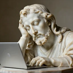 photo of a richly detailed marble statue of a facepalming because of his slow laptop by leonardo davinci