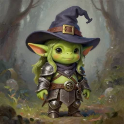cute tiny orc girl with green skin wearing hunter armor from Bloodborne and a wizard hat, d&d, painting