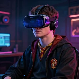 portrait of cyber harry potter wearing a vr set with lots of neon sitting in his room by greg rutkowski, perfect faces, fine details