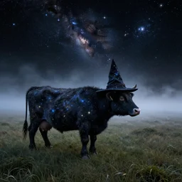 a detailed picture of stars and a nebula shaped like a cow in a grassy field wearing a witch hat, cow wearing hat!!! viewed in profile and far away, fog in the background, ultrawide lens, aerial photography, black and blue color scheme with gold highlights, art in an absurdist style, artstation, 8 k