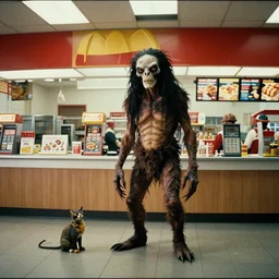 the strange creature at the fast food place, film still from the movie directed by denis villeneuve and david cronenberg with art direction by salvador dali and zdzisław beksinski, wide lens