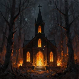 black church on fire in a dark spikey forest, oil painting