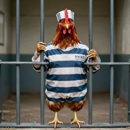 chicken dressed as a prisoner, real photo on a jail