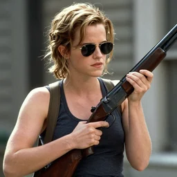 The Terminator (1984) movie poster emma watson wearing sunglasses holding a shotgun