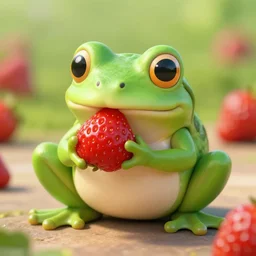 a cute frog eating a strawberry, HDR