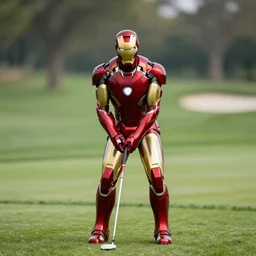 portrait of iron man playing golf, clear focus, bokeh effect, high res, hasselblad, dslr, professional, cinematic