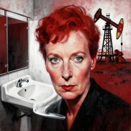 high quality noir painting close up of agatha christie face, agatha christie, a huge public bathroom sink and an oil rig forboding in the background, mystery of the giant sink, by greg rutkowski, red, black and white colour scheme, textured grunge aesthetic