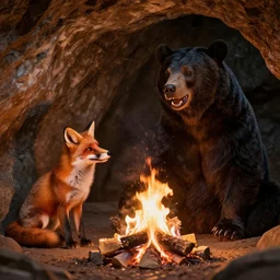 red fox and large black bear sitting in a cave, laughing at the funny fire, detailed, 8 k render