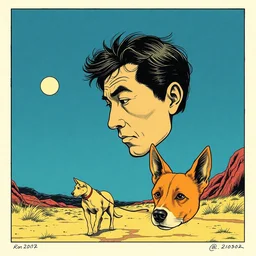 risograph grainy drawing vintage sci - fi, satoshi kon color palette, todd solondz walking a dog, vermilion color, codex seraphinianus painting by moebius and satoshi kon and dirk dzimirsky close - up portrait
