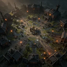 a topdown battlemap from 9 0 degrees angle of a military outpost, gears of war map, dnd encounter, houses, rooftops, torches, darker ground, atmospheric lighting, dawn, dark fantasy, extremely detailed, no people, photorealistic, octane render, 8 k, unreal engine 5. art by artgerm and greg rutkowski and alphonse mucha