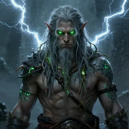 half - orc shaman with long wiry grey hair, vines in hair, glowing green eyes, glowing tattoos, lightning in background, rainy background, character concept art, artstation, digital art