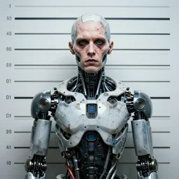 mugshot photo of an ugly criminal, cyborg, (((high tech, cyberpunk))), by cy Twombly and BASTIEN LECOUFFE DEHARME