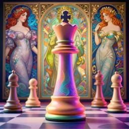 a highly detailed chess queen, neon colored, beautiful detail and color, art by john collier and albert aublet and krenz cushart and artem demura and alphonse mucha, volumetric lighting, octane render, 4 k resolution, matte, sharp focus, illustration, art by jacque - louis david, baroque style