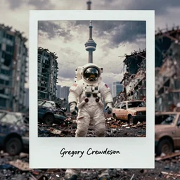 faded photographs of american white spacesuit astronaut in postapocalyptic abandoned destroyed toronto cn tower, wrecked buildings, destroyed flipped wrecked cars, polaroid photo, vintage, neutral colors, rainy day, by gregory crewdson