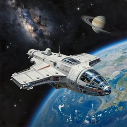 very detailed painting of a science fiction spaceship between the earth and Jupiter, space, stars, Milky way