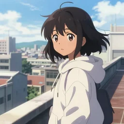 anime visual portrait of a young black haired girl wearing hoodie sightseeing above the urban city school rooftop sunny day cute face dramatic lighting dynamic perspective trending on pixiv