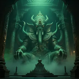 cinematic film still, inside a temple of Cthulhu, ancient, green ambient light, light mist, 4k