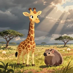 cute cartoon giraffe anteater in the African savanna, Ghibli, clipart