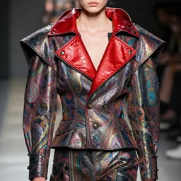 catwalk photo of an asymetric shiny steampunk hooded jacket is textured with multicolored paisley, big glowing red collar, huge shoulders - w 1 0 2 4 - h 1 0 2 4 - n 4 - s 1 5 0