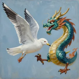 painting of hybrid seagull and dragon, intercrossed animal, by zdzislaw beksinski, by lewis jones, cold hue's, warm tone gradient background, concept art, digital painting