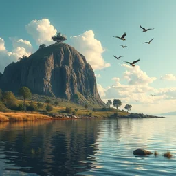 planet hill by a lake with a solarpunk, drone birds in the sky
