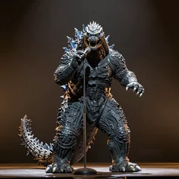 godzilla chewing on a microphone stand downstage center