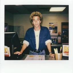 billy ray cyrus working the front counter of mcdonald's ready to take your order, eighties polaroid, flash photography, photorealistic, kodachrome