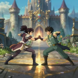 fight scene league of legends style fight on road near castles, center camera composition, 2 5 mm, bokeh, by studio ghibli, makoto shinkai, volumetric lighting, movie action scene, 8 k, lumen reflections, sharpened, insanely detailed and intricate, elegant, ornate