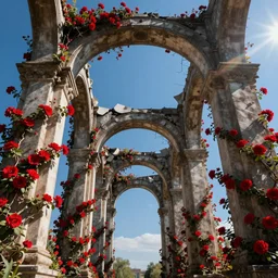 broken arches leading to the pillars of eternity draped with red flowers and vines, blue sky, lens flare, a sense of mystery, cinematic, ultra detailed, intricate, sharp focus, trending on artstation, 8K, soviet-style