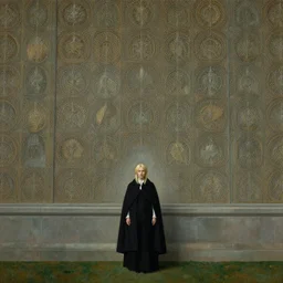 establishing shot by wes anderson, a beautiful pale golden woman traveler in cloak and black gown standing at the base of an enormous wall, by anders zorn, masterpiece by greg rutkowski, intricate, elegant, highly detailed, oil painting, concept art, smooth, sharp focus, illustration, eerie beautiful cinematic, thomas lawrence, gurney,