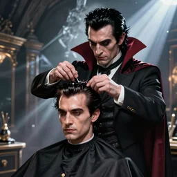 dracula getting a haircut, digital art, highly detailed, epic composition, cinematic lightning