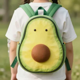 a product photo of cozy avocado shaped kids backpack in the style of wes anderson