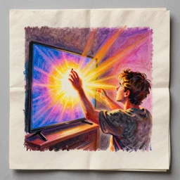cocktail napkin drawing of a man adjusting the tint setting on his tv being too high