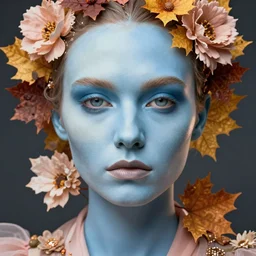 blue skin human face in ethereal mask, autumn, stern face, directed gaze, haute couture, editorial photoshoot, pastel colors, fashion photography, cinematic lightning, flowers, ultra realistic, portrait photography, symmetrical, 8 k, hd, very detailed, hyper - real, beautiful, zdzisław beksinski