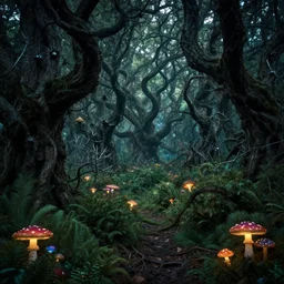 enchanted magical fantasy forest, twisting trees, thick bushes, spike - like branches, colorful glowing mushrooms scattered, dark atmosphere by andreas rocha