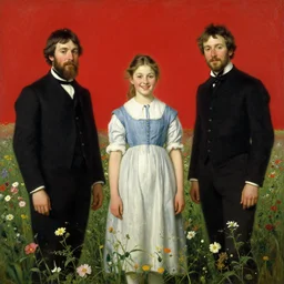 Solomon Joseph Solomon and Richard Schmid and Jeremy Lipking victorian genre painting portrait painting of a happy young village girl in an open field of flowers, red background