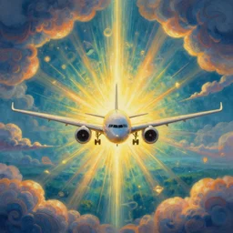 futuristic plane ✈, paisley pattern cloud forms, [ lush glowing color palate ] fantasy landscape, radiant light rays, symmetrical details, sharp focus, photorealistic painting, award winning painting, volumetric lighting, artstation