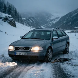 Audi A4 B6 Avant (2002), a gritty neo-noir, dramatic bright lighting, cinematic, establishing shot, extremely high detail, photorealistic, cinematic lighting, artstation, by simon stalenhag, Snowy italian road, Snowy Alps, serious car crash, At night, Poets of the Fall - Late Goodbye