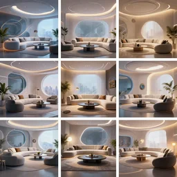collage of digital art futuristic interior livingroom designs