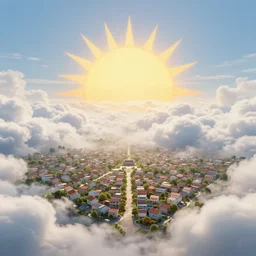 large village, clouds, army of satan, sun come up, lucid, symetric, dreamistic, fluxication, volumetric lighting, near the beach, big trees by mc escher, colorized by salvador ross gogh
