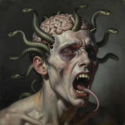 an oil on canvas painting of a screaming decapitated man's partially decomposing face with many biting serpents swarming out of his exposed brain, a surrealist painting, polycount, surrealism, surrealist, lovecraftian, cosmic horror, grotesque, high detailed