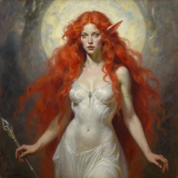 divine goddess lilith, red hair, high fantasy, by john berkey, by peter mohrbacher, oil painting, realism