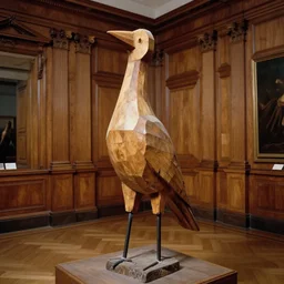 realistic photo portrait of the a sculpture of a person in a shape of a bird made of wood, poorly designed, arte povera, fluxus, dadaism standing in the wooden polished and fancy expensive wooden museum interior room 1 9 9 0, life magazine reportage photo