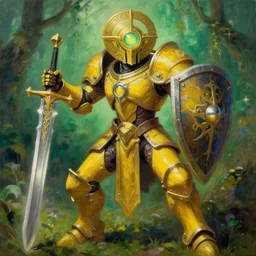 full body, attack position abstract painting in lush fantasy environment of a ornate holy mechanical warforged with circular glowing eye, discus shaped head, character in yellow armor holding a legendary paladin engraved holy great longsword and carrying a huge heavy paladin shield, face in focus, epic , trending on ArtStation, masterpiece, cinematic lighting, by Ross Tran, by Delphin Enjolras, by Ruan Jia, by Greg Rutkowski