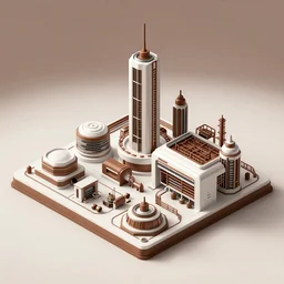 isometric concept art of futuristic factory, clean, browns and whites, mirror\'s edge