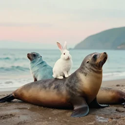 photograph of a bunny on the back of a sea lion taken by wes anderson