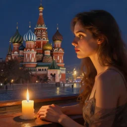 beautiful woman watching the view of moscow, lit by candles, digital painting, artstation, concept art, craig mullins, breathtaking, 8 k resolution, extremely detailed, beautiful, establishing shot, artistic, hyperrealistic, octane render, cinematic lighting, dramatic lighting, masterpiece, light brazen, extremely detailed and beautiful face