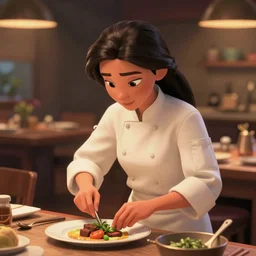animation still frame of an attractive female chef ( long dark hair ) cooking a meal, high angle closeup portrait, ( ( wholesome, ) ) blurry background of the kitchen of a highend restaurant, disney, pixar, bloom, medium shot, waist up, dramatic lighting, in the style of studio ghibli, j. c. leyendecker, greg rutkowski, artgerm